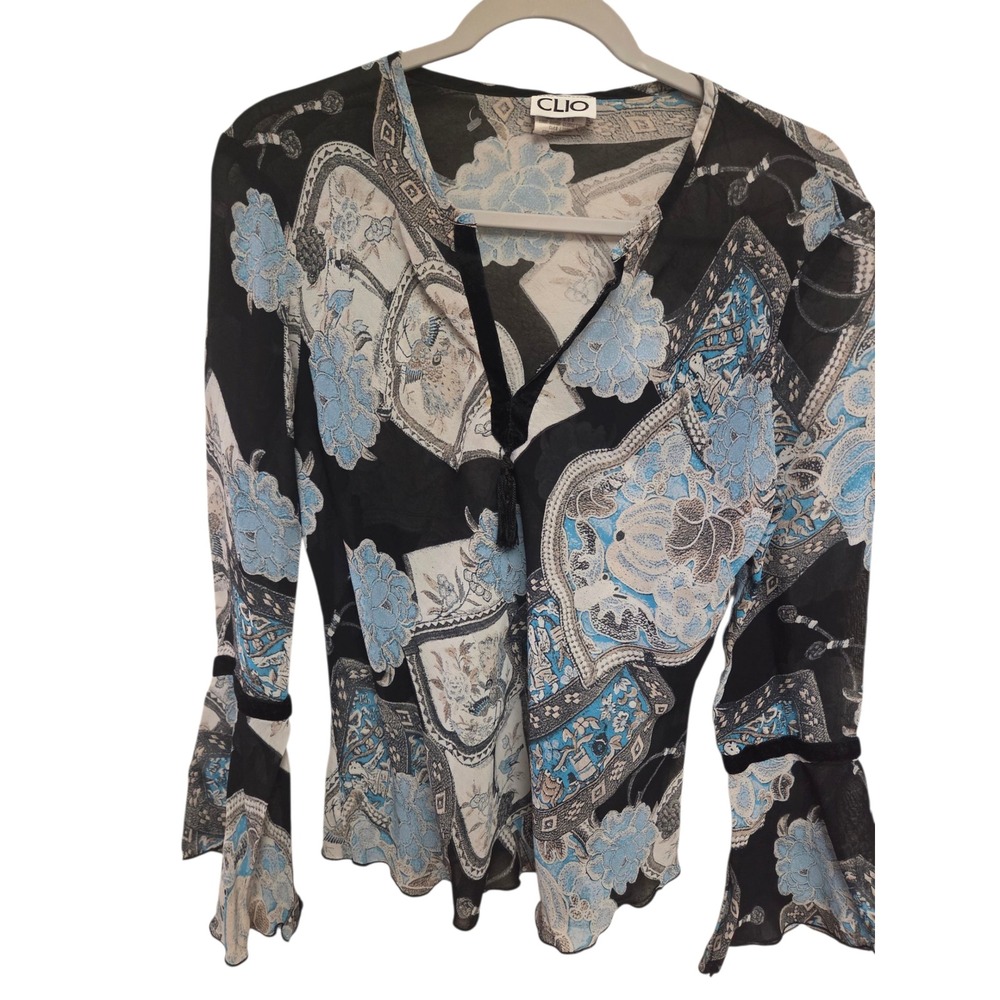 Vintage CLIO Y2K Sheer Boho Paisley Floral‎ Bell Sleeve Tassel Blouse Women's